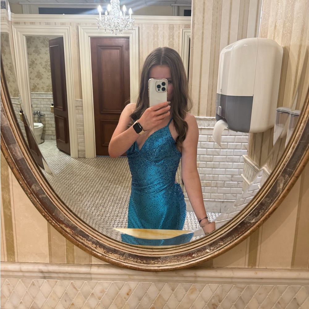 Faviana blue/teal rhinestoned prom / homecoming dress